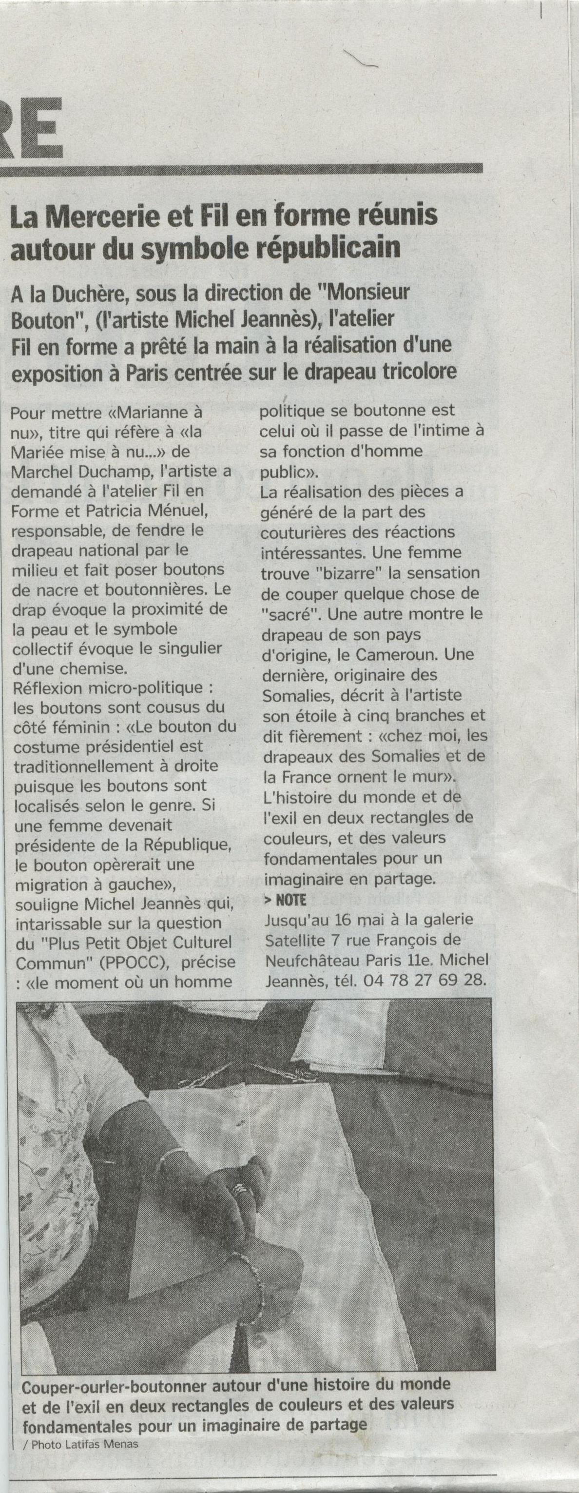 , article du Progrs de Lyon pour l'exposition Marianne mise  nu. A Lyon quartier de la Duchre, la Mercerie travaille avec l'atelier Fil en Forme